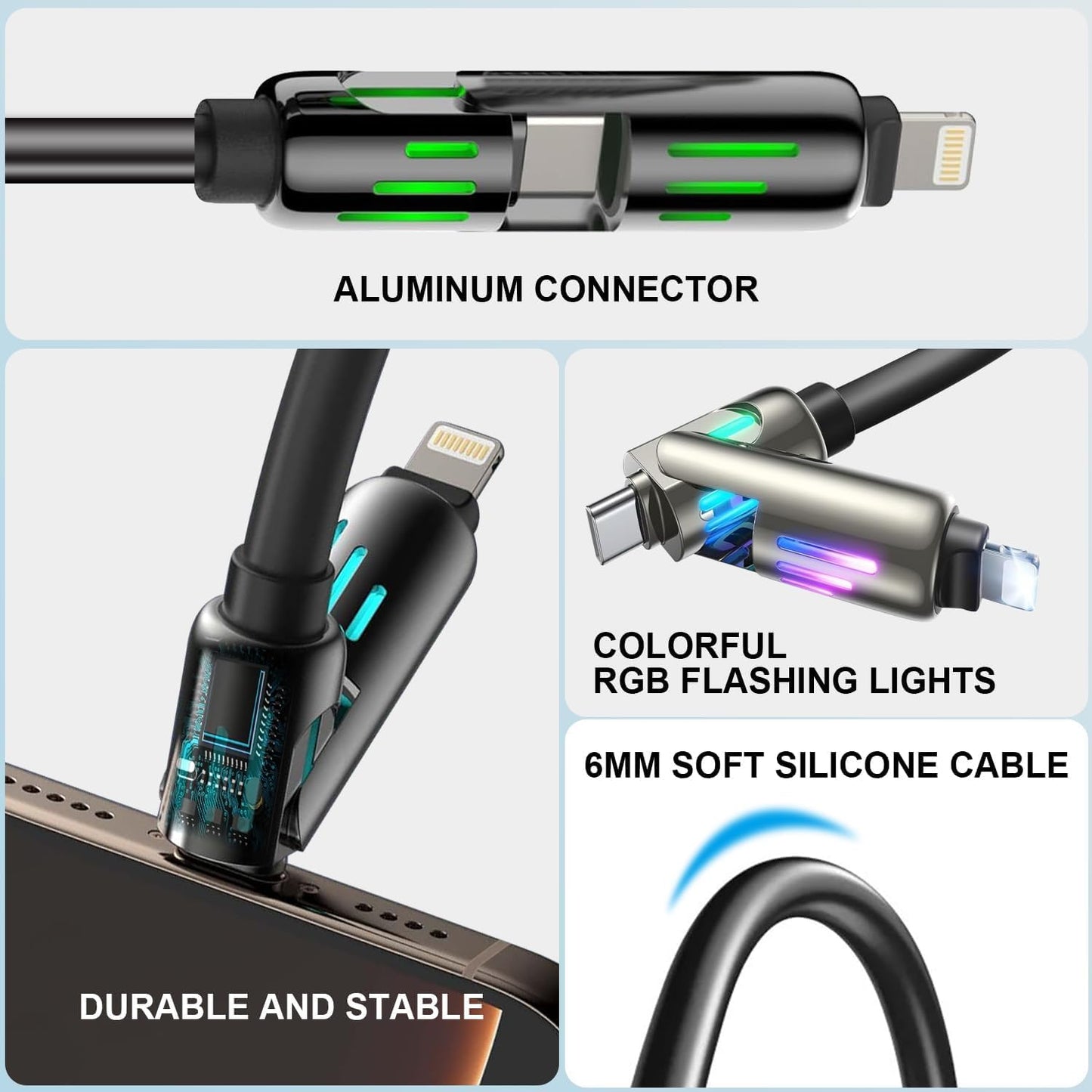 KALINI 4-in-1 USB Type-C Fast Charging Cable, 240W, LED, Lightning 1M Black PD 3.1