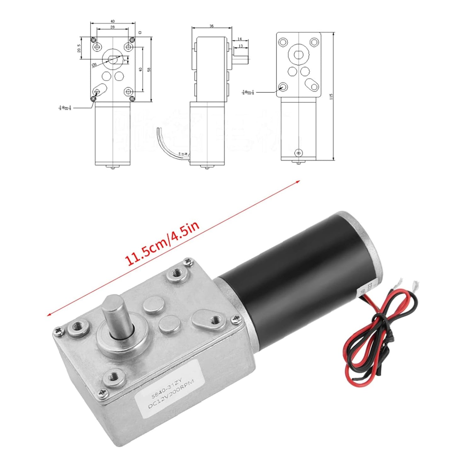 12V 200RPM 5840-31ZY Geared Motor Self-locking Permanent Magnet DC Turbo Worm Reduction Motor Gearbox for Electrical Appliances