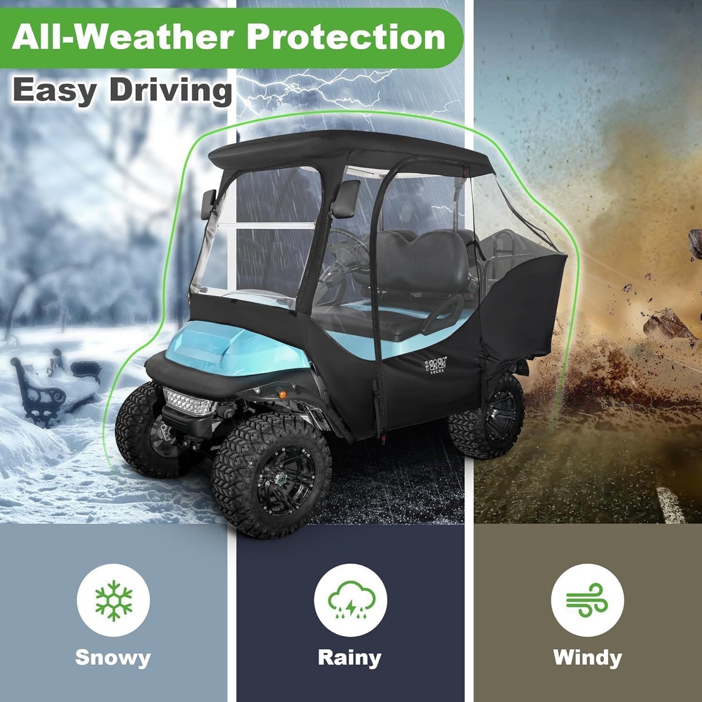 10L0L 4 Passenger Golf Cart Driving Enclosure for Club Car Precedent Golf Buggy with Short Roof Up to 57", 4-Sided Clear Window 420D Rain Cover All Weather Windproof Waterproof