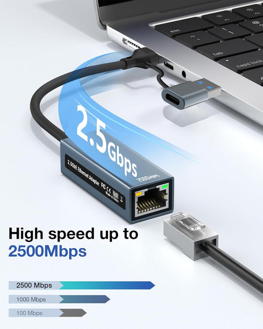 2.5G USB to Ethernet Adapter, 2-IN-1 USB-C to RJ45 LAN Wired Network 100/1000/2500Mbps Ethernet Adapter for PS4/5, Switch, Steam Deck, XPS, TV Box, iPad, MacBook, SmartPhone, Tablet, Laptop, etc