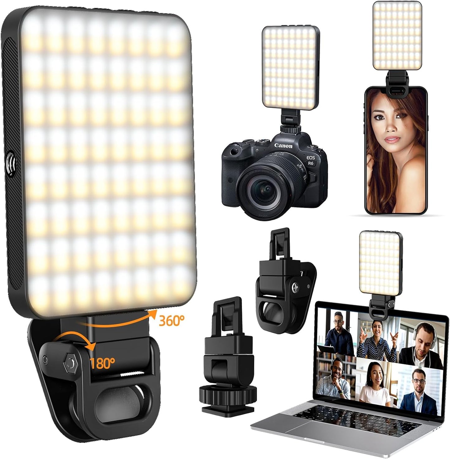 128 LED Rechargeable Portable Selfie Light Video Conference Lighting with Clip and Camera Tripod Adapter, 3 Lighting Modes, for Laptop/Phone, iPhone Camera, Youtube, TikTok, Makeup Vlog