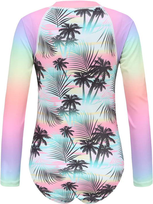 Girls Long Sleeve Swimming Costume Kids One Piece Hawaiian Beach Rash Vest Girls Swimsuit 13-14 Years