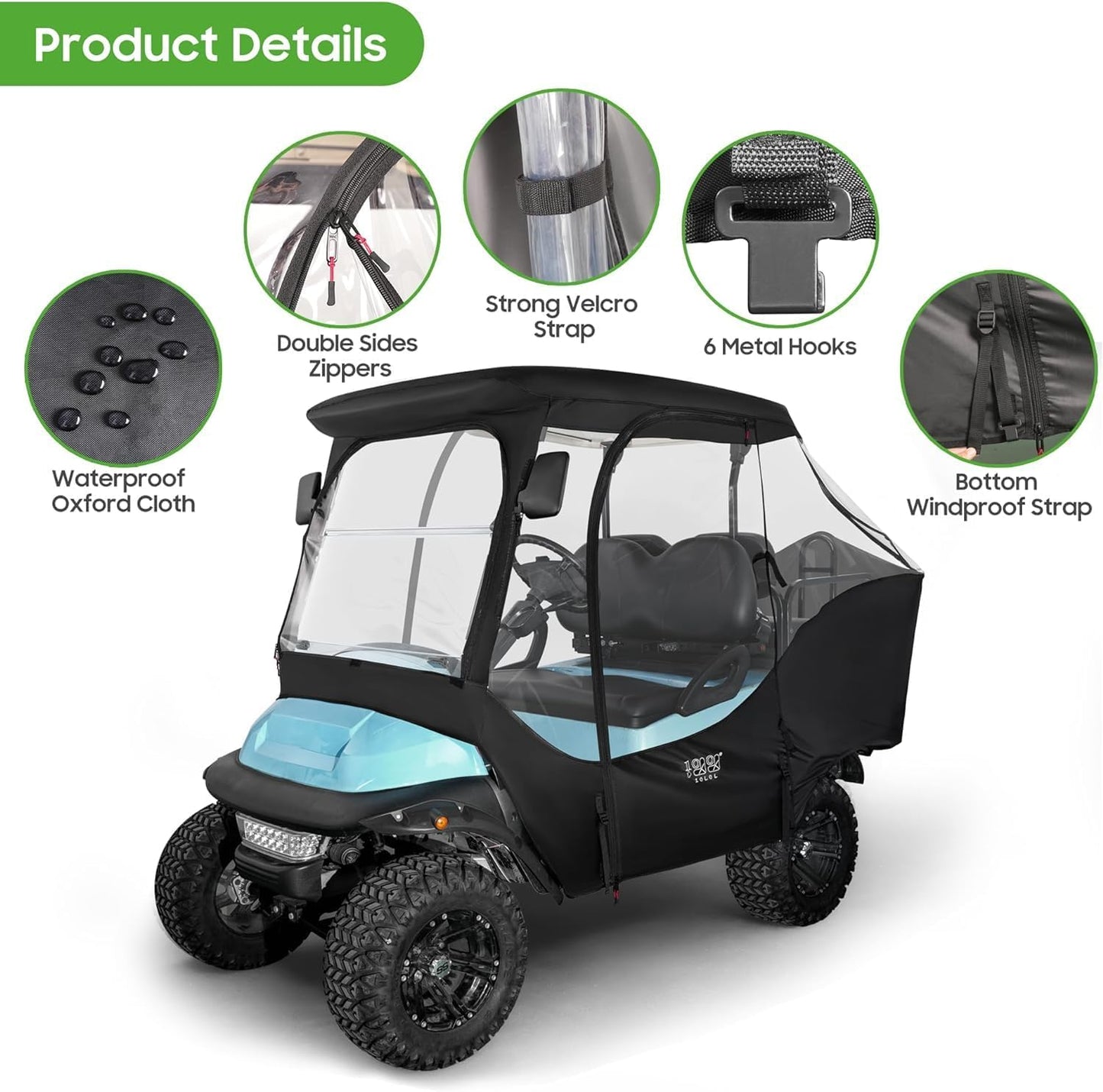 10L0L 4 Passenger Golf Cart Driving Enclosure for Club Car Precedent Golf Buggy with Short Roof Up to 57", 4-Sided Clear Window 420D Rain Cover All Weather Windproof Waterproof