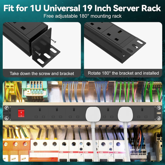 2 Pack - 7 Way Power Strip Surge Protector with Switch, Rack Mount 19inch Power Socket, Wall Mount Power Strip for Home, Office and Industrial Use, 1.8M Extension Cord, Black