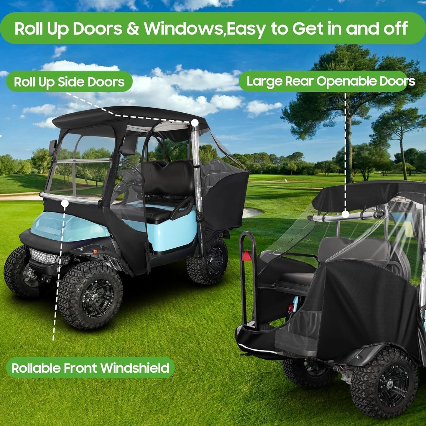 10L0L 4 Passenger Golf Cart Driving Enclosure for Club Car Precedent Golf Buggy with Short Roof Up to 57", 4-Sided Clear Window 420D Rain Cover All Weather Windproof Waterproof