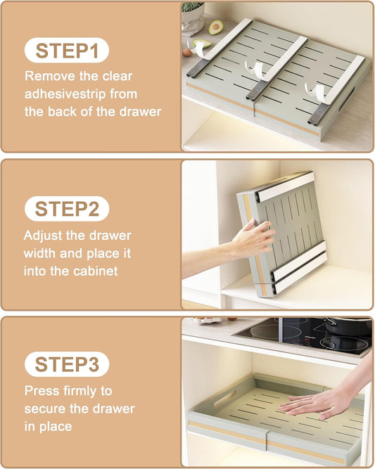 UMDONX 2 Pack Pull out Cabinet Organiser Drawers Kitchen Cupboard Storage, no Drill Expandable Sliding Shelf Unit Adhesive Peel and Stick (Grey Durable Metal)