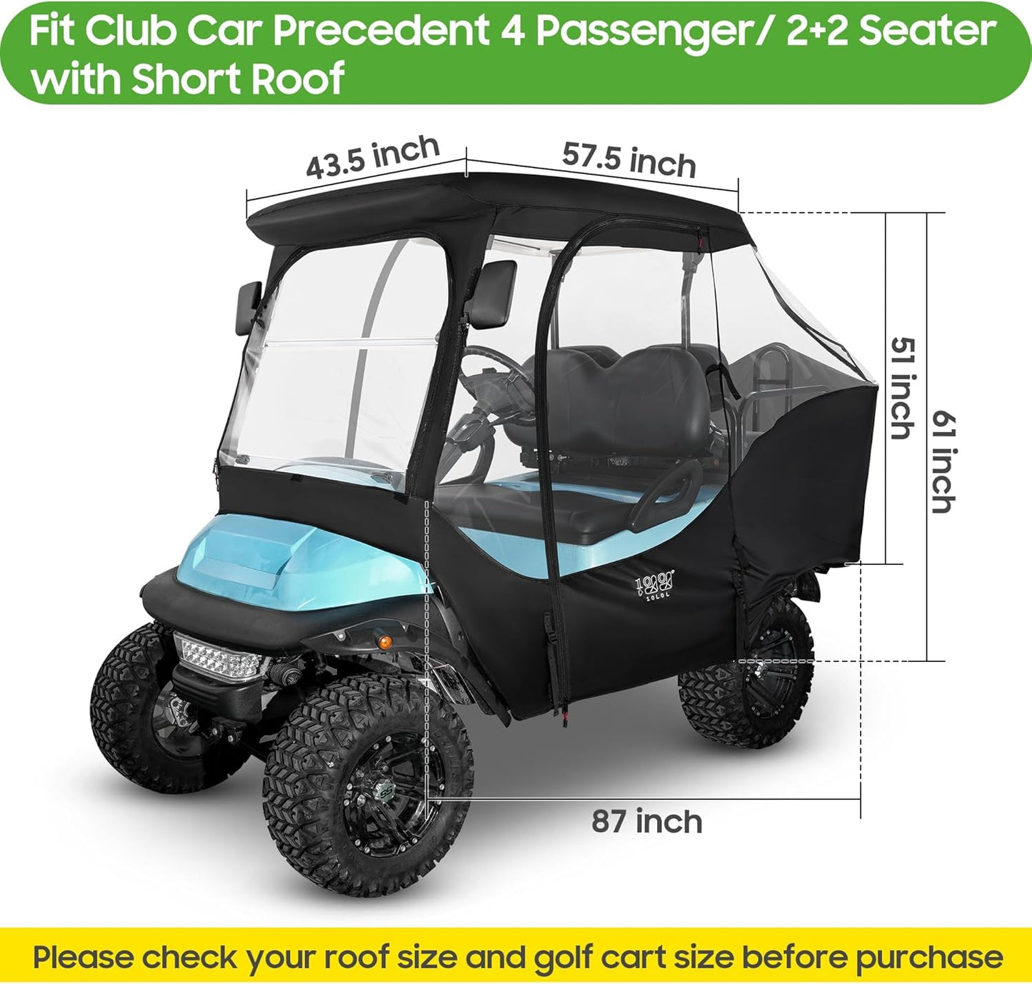 10L0L 4 Passenger Golf Cart Driving Enclosure for Club Car Precedent Golf Buggy with Short Roof Up to 57", 4-Sided Clear Window 420D Rain Cover All Weather Windproof Waterproof