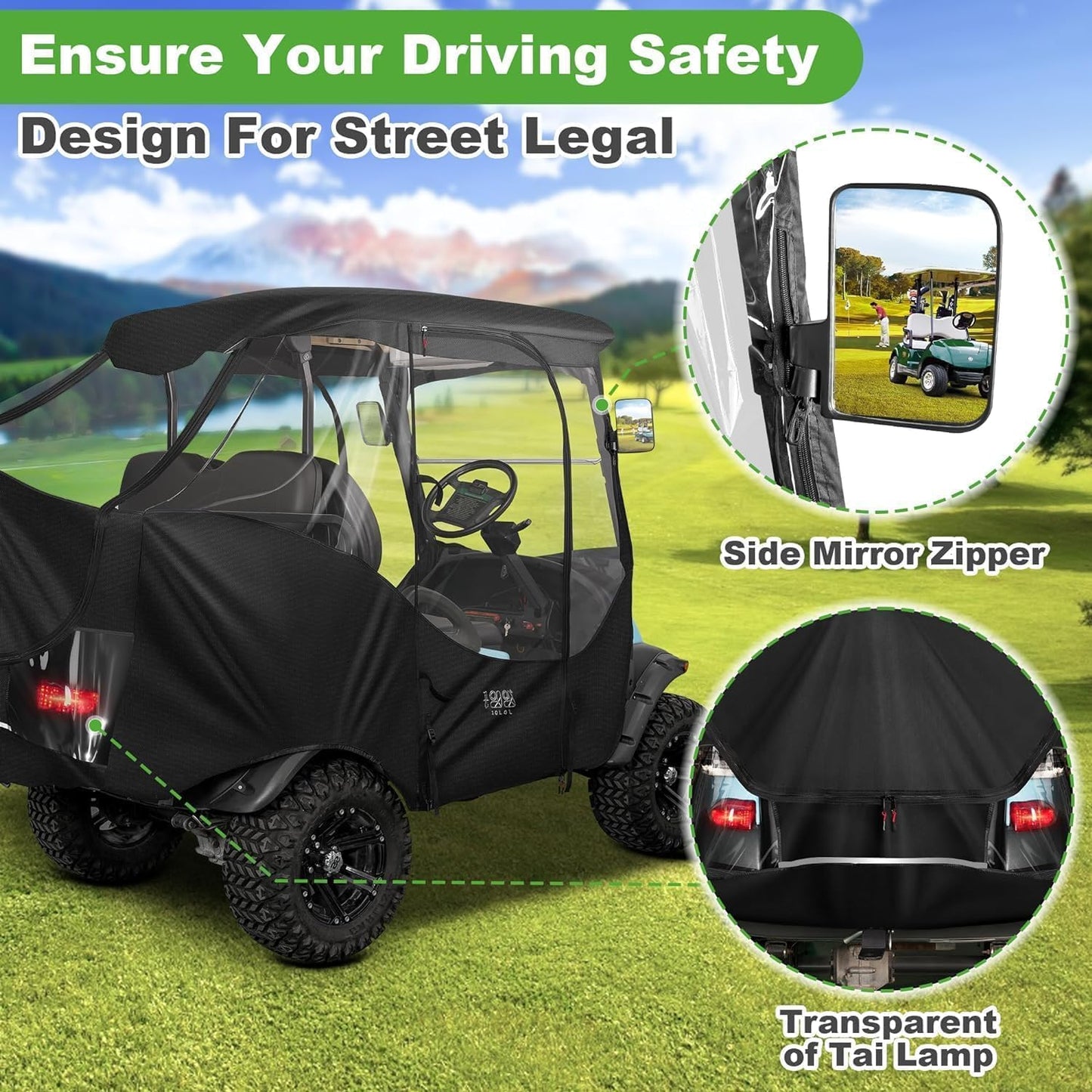 10L0L 4 Passenger Golf Cart Driving Enclosure for Club Car Precedent Golf Buggy with Short Roof Up to 57", 4-Sided Clear Window 420D Rain Cover All Weather Windproof Waterproof
