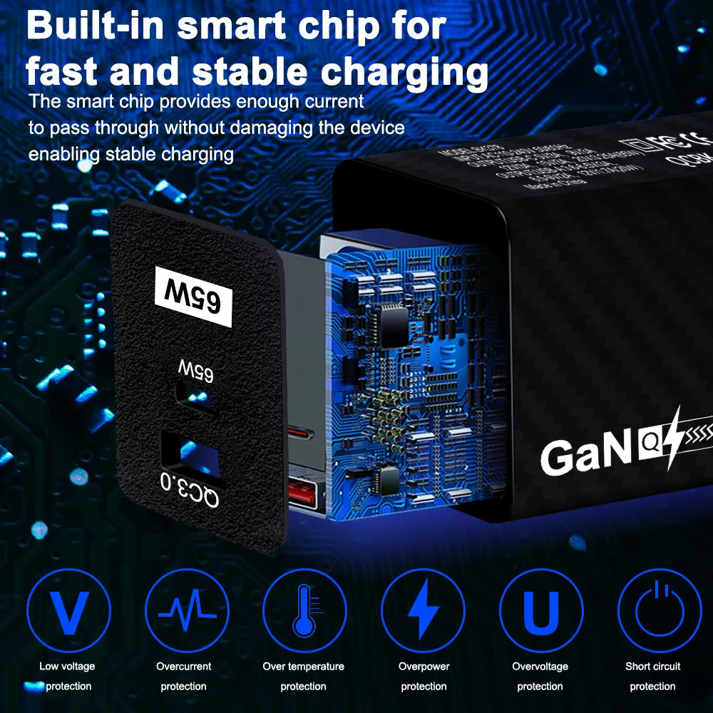 KALINI 65W GaN Fast Charger USB QC 3.0 Wall Charger UK