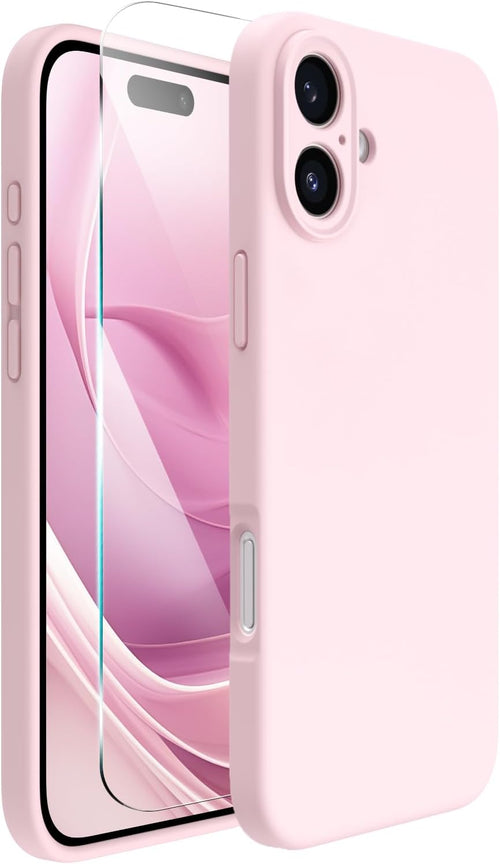 ACRONIX Compatible with iPhone 16 Case 6.1", with 1 x Screen Protector, Liquid Silicone Case Comprehensive Protection Cover Slim Shockproof Gel Rubber Phone Case for iPhone 16 6.1inch-Pink