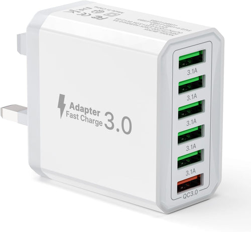 Tupneuf 33W 6-Port Multi Plug Multiport Charger Head with QC 3.0 Fast Charging, USB Plug Adaptor UK Wall Power Adapter Mains for iPhone 16 15 14 13 12 11 10 Pro Max Plus XS 8 7 6 5, Samsung, iPad