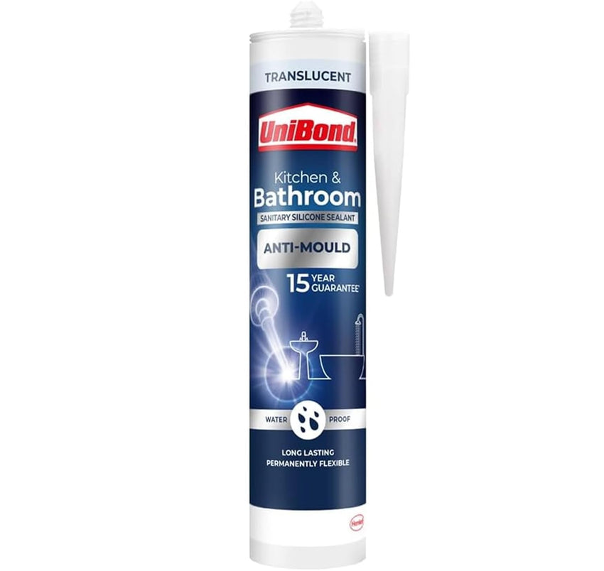 Unibond Bath & Kitchen Mould-Resistant, Transparent Silicone Sealant, Silicone-Based Sanitary Sealant, Waterproof Caulk, 1 x 280ml Cartridge no ends