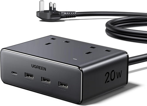 UGREEN Extension Lead with 4 USB Slots, 2 Way 2990W Max Multiple Plug with 1.5m Extension Cable, Compatible with iPhone 17/16/15/14, iPad Pro/Mini, Suitable for Home/Office, Black