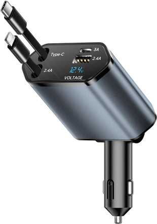 Retractable Car Charger Adapter 4 in 1 Phone Charger Fast Charge with 2 Retractable Cables With USB/USB-C Ports Compatible with iPhone, Android, Samsung Galaxy