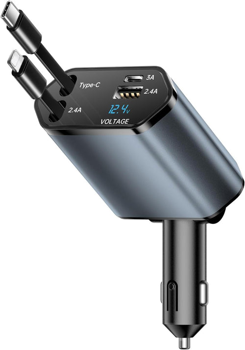 Retractable Car Charger Adapter 4 in 1 Phone Charger Fast Charge with 2 Retractable Cables With USB/USB-C Ports Compatible with iPhone, Android, Samsung Galaxy