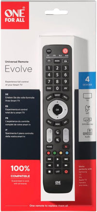 One For All Evolve 4 Universal Remote Control - Operates 4 devices (TV Freeview Blu-ray and Audio) - Works with all brands - Black -URC7145