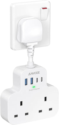 Multi Plug Extension Socket with 4 USB Ports, ANVODE 2 Way Plug Adaptor with Flexible Cable, Short Extension Lead Double Adapter Plug UK for Bedroom, Office, Kitchen. White