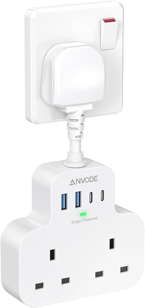 Multi Plug Extension Socket with 4 USB Ports, ANVODE 2 Way Plug Adaptor with Flexible Cable, Short Extension Lead Double Adapter Plug UK for Bedroom, Office, Kitchen. White