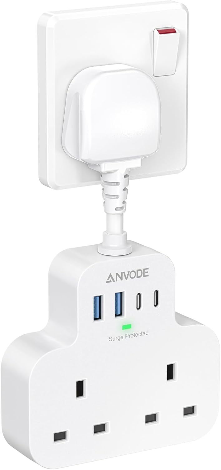 Multi Plug Extension Socket with 4 USB Ports, ANVODE 2 Way Plug Adaptor with Flexible Cable, Short Extension Lead Double Adapter Plug UK for Bedroom, Office, Kitchen. White