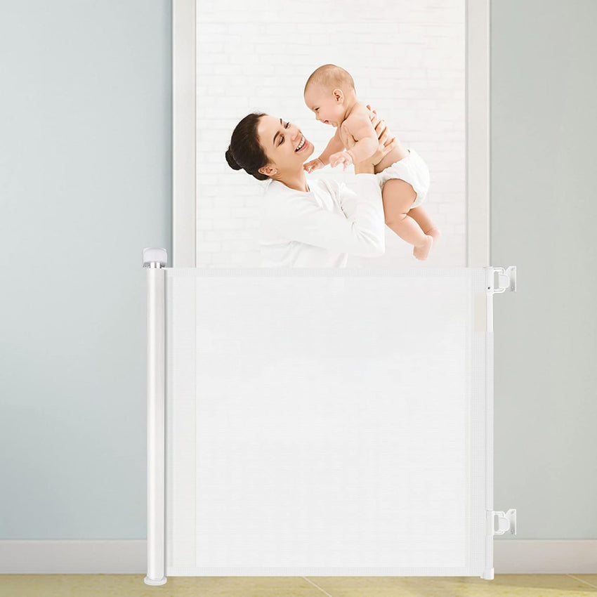 HollyHOME Retractable Stair Gate 180cm Extra Wide One Hand Operation Baby Gate Safety Gate for Baby and Pets Indoor & Outdoor, White