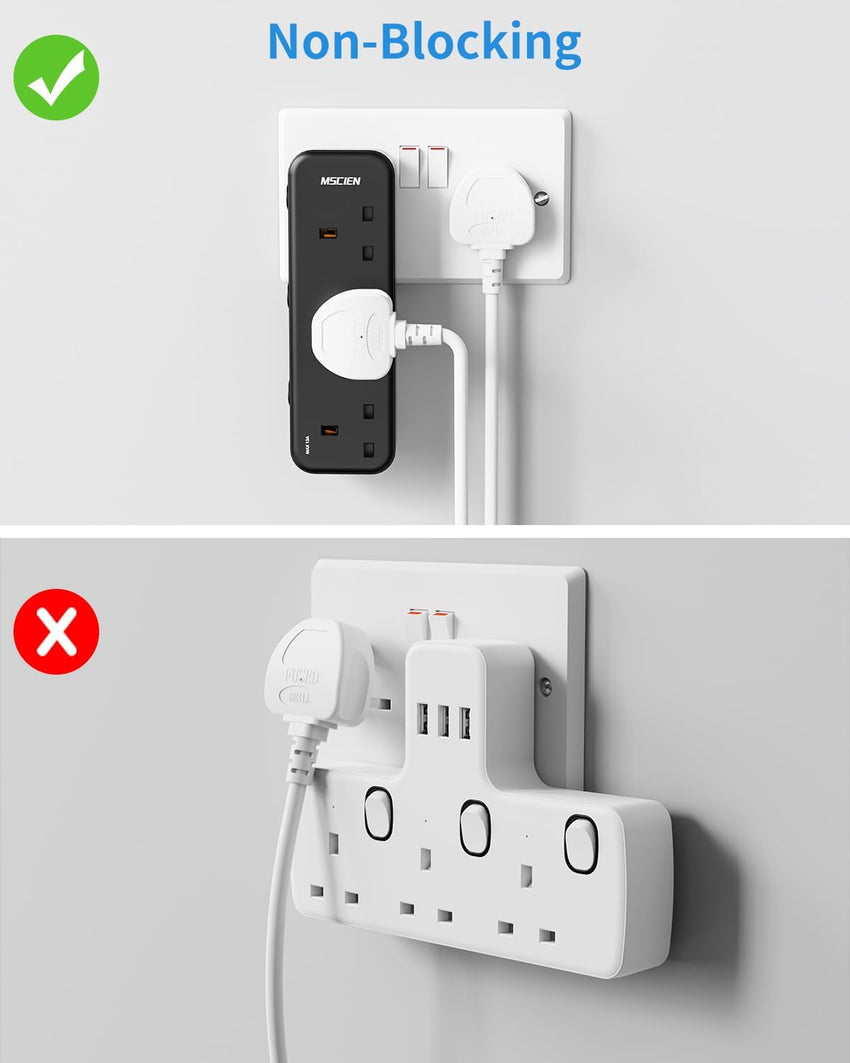 Mscien Plug Adapter, 3 Way Plug Extension Socket with Individually Switched, Multi Plug Adaptor Black Socket Extender, Wall Socket Extension for Home, Office, Dorm