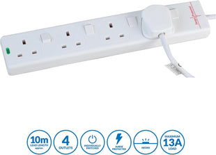 PRO ELEC PELB1942 4 Gang Switched Surge Protected Extension Lead White, 10m