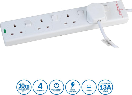 PRO ELEC PELB1942 4 Gang Switched Surge Protected Extension Lead White, 10m