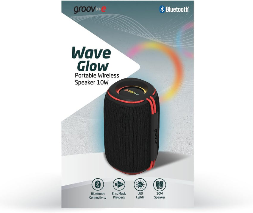 groov e Wave Glow Wireless Speaker - 10W Portable Travel Speaker with LED Lights, 8 Hours Audio Playback, Rechargeable Battery, Bluetooth Connectivity - Black