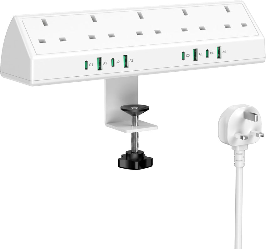 Desk Clamp Power Socket 45W USB-C Extension Lead White