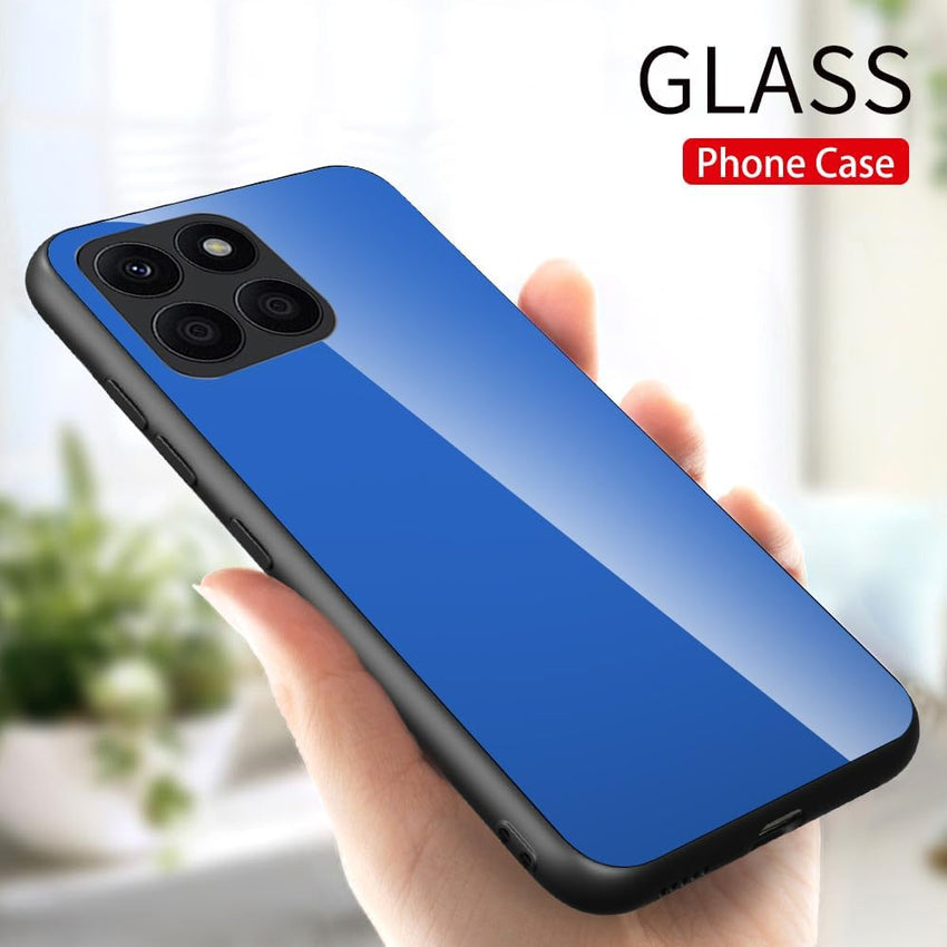 Case Cover for Honor X6a, Pure Colour Tempered Glass Back Case + Protective TPU Case for Honor X6a Cover (Light Blue 2)