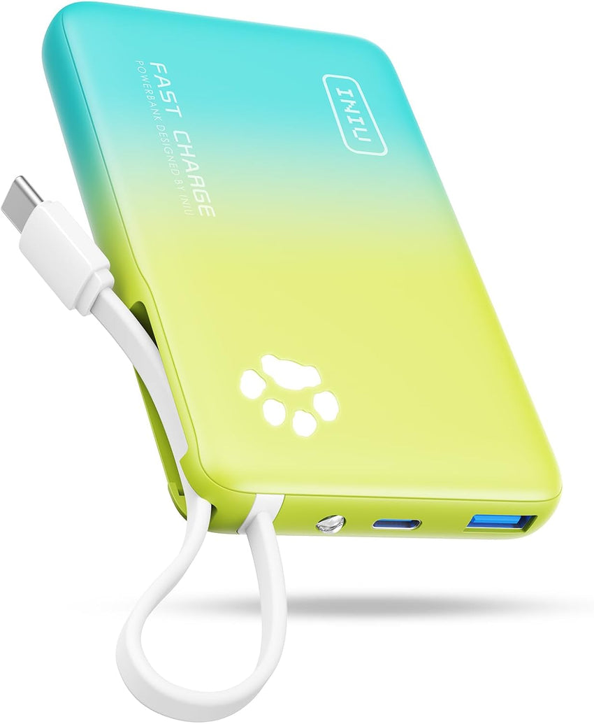 INIU 10000mAh Power Bank 20W Fast Charge Built-in USB-C Cable with Flashlight â Blue/Yellow