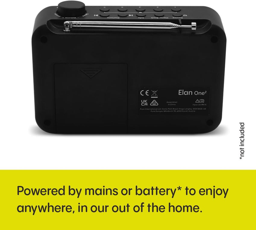 Pure Elan One2 portable DAB+/FM radio with Bluetooth 5.1 (LCD display, 10 preset buttons, can run with 4xAA batteries) Charcoal Black