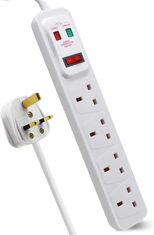 EXTRASTAR Universal Extension Lead, 4 Way Outlets Surge Protection Power Strips with Switch, Wall Mounted 13A/MAX.3120W Fused UK Power Socket (1M, White)