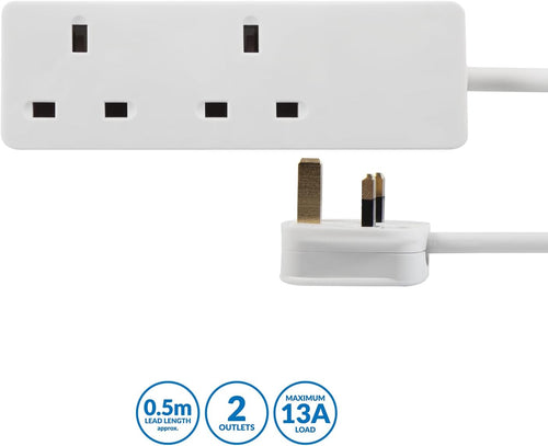 PRO ELEC 2-Gang Extension Lead | 500mm Cable | 13A | UK Plug | White - PELB1403