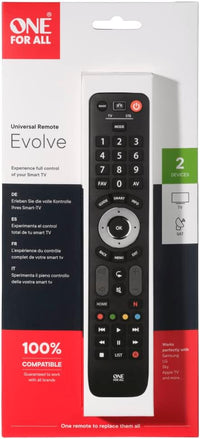 One For All Evolve 2 Universal Remote Control - Operates 2 devices (Cable, DTT, IPTV, Sat, TNT, TV) - Works with all brands - Black -URC7125