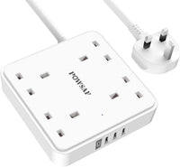 POWSAF 4 Way Extension Lead, Power Strip Extension Cord with 4 Plug Extension Socket and 2M Extension Cable for Home Office Travel,White