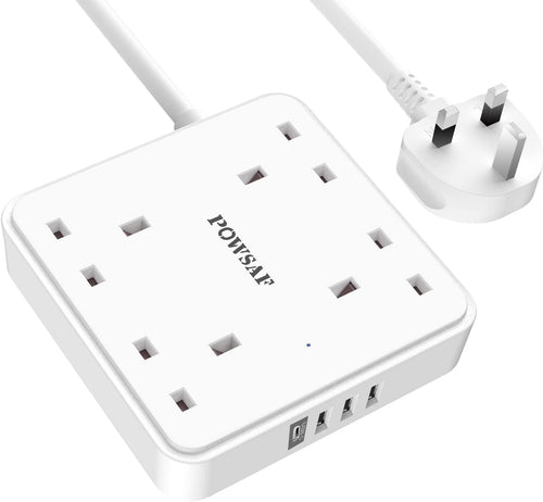 POWSAF 4 Way Extension Lead, Power Strip Extension Cord with 4 Plug Extension Socket and 2M Extension Cable for Home Office Travel,White