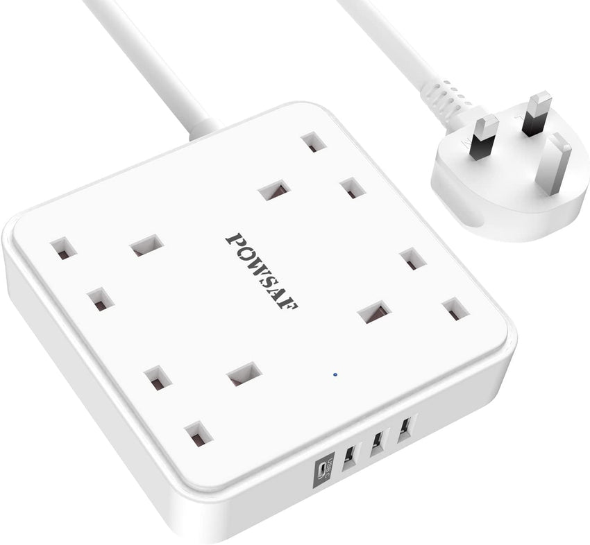 POWSAF 4 Way Extension Lead, Power Strip Extension Cord with 4 Plug Extension Socket and 2M Extension Cable for Home Office Travel,White