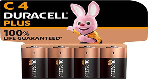 Duracell Plus C Batteries (4 Pack) - Alkaline 1.5V - 100% Life Guaranteed - Reliability For Everyday Devices - 0% Plastic Packaging - 10-Year Storage - MN1400