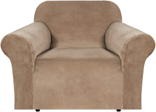 BellaHills Real Velvet Stretch Sofa Covers Couch Covers Sofa Slipcovers Furniture Protector for Sofas | Form Fitted with Elastic Bottom, Ultra Thick Soft Non Slip Covers (1 Seater, Camel)