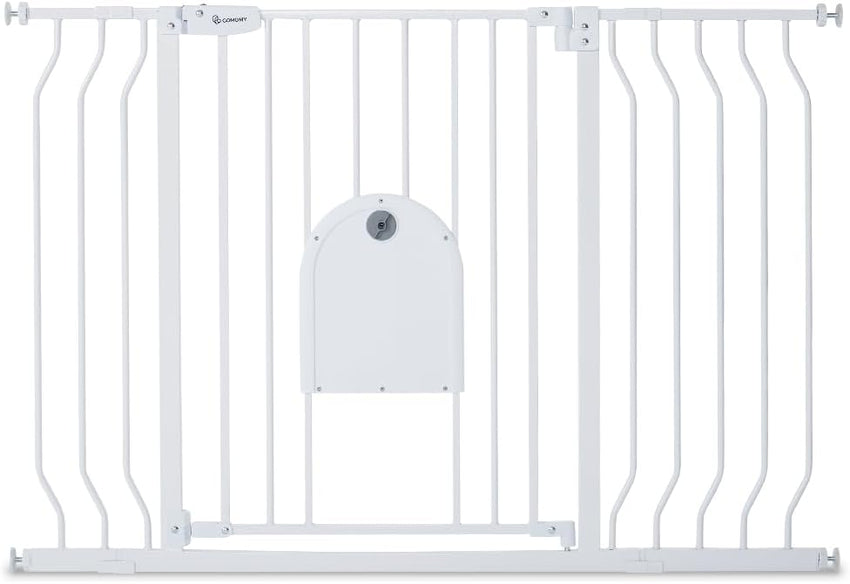COMOMY 75-123cm Stair gate Pet Gate with Adjustable Cat Flap, Dog Gate for Stairs Doorways, Auto Close Baby Gate with Cat Door for House, Pressure Fit Easy Walk Through Safety Gate Extra Wide (White)