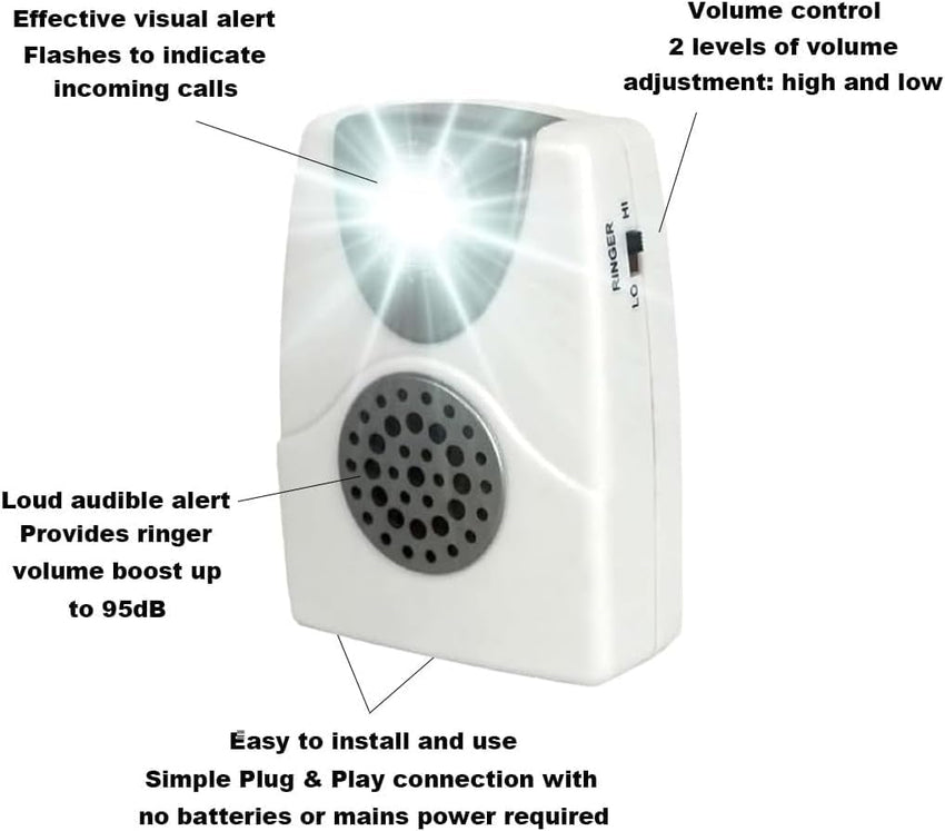 VOCA Telephone Ringer Amplifier, Boost up to 105db with LED Light Notification for Landline Phones, Wall Mountable, Ideal for Noisy and Hearing-Impaired Environments