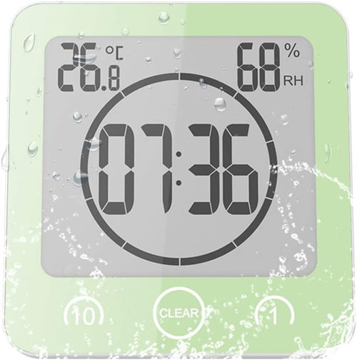 ALLOMN Bathroom Clock, LCD Digital Shower Clock Alarm Waterproof Touch Control Ã¢âÆ/Ã¢ââ° Temperature Humidity, Count Down Timer, 3 Mounting Methods, Battery Power (Green)
