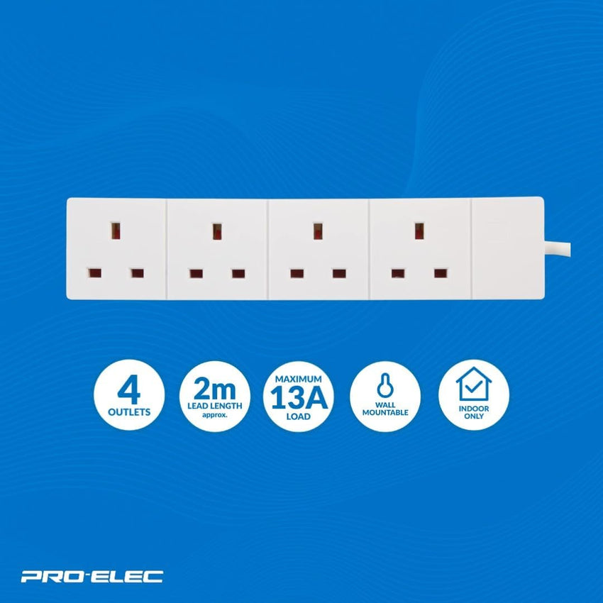 PRO ELEC PELB1517 4 Gang Extension Lead 2m, White