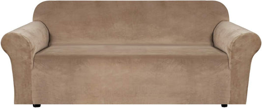 BellaHills Velvet Sofa Slipcover Stretch Large Couch Covers Soft Sofa Cover Furniture Protector with Non Slip Straps, Slipcover for Sofa, Couch Covers for Dogs, Couch Slipcover (3 Seater, Camel)