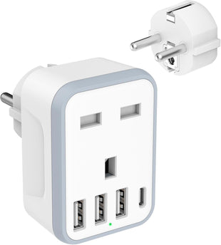 Loydia European Travel Adapter - 5 in 1 UK to EU Adapter with 4 USB Ports, UK to Turkey Travel Plug, Grounded Schuko Plug for Germany, France, Spain, Portugal, Poland, Austria (Type E/F)