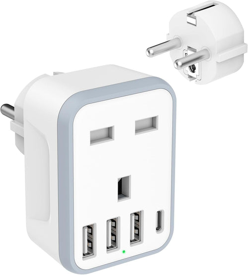 Loydia European Travel Adapter - 5 in 1 UK to EU Adapter with 4 USB Ports, UK to Turkey Travel Plug, Grounded Schuko Plug for Germany, France, Spain, Portugal, Poland, Austria (Type E/F)