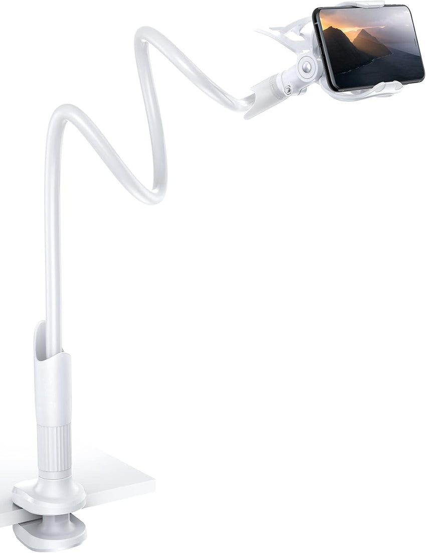 Lamicall Gooseneck Phone Holder, Flexible Holder for Bed - Lazy Arm 360 Adjustable Clamp Bracket for iPhone 16 15 14 Pro Max Plus, 13 12 Pro Max Mini, 11 Pro Xs XR X, Samsung S23, Smartphones - White