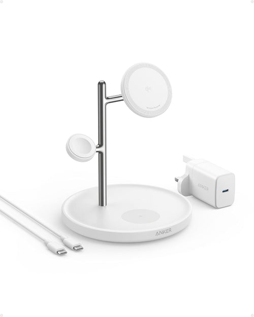 Anker 3-in-1 Wireless Charging Station, MagSafe Charger Compatible, Qi2 Certified 15W Wireless Stand, For iPhone 15/14 Series, AirPods Pro, Apple Watch Ultra (USB C Charger and Cable Included)