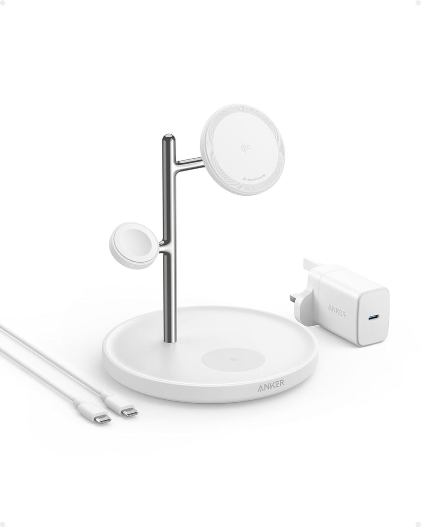 Anker 3-in-1 Wireless Charging Station, MagSafe Charger Compatible, Qi2 Certified 15W Wireless Stand, For iPhone 15/14 Series, AirPods Pro, Apple Watch Ultra (USB C Charger and Cable Included)